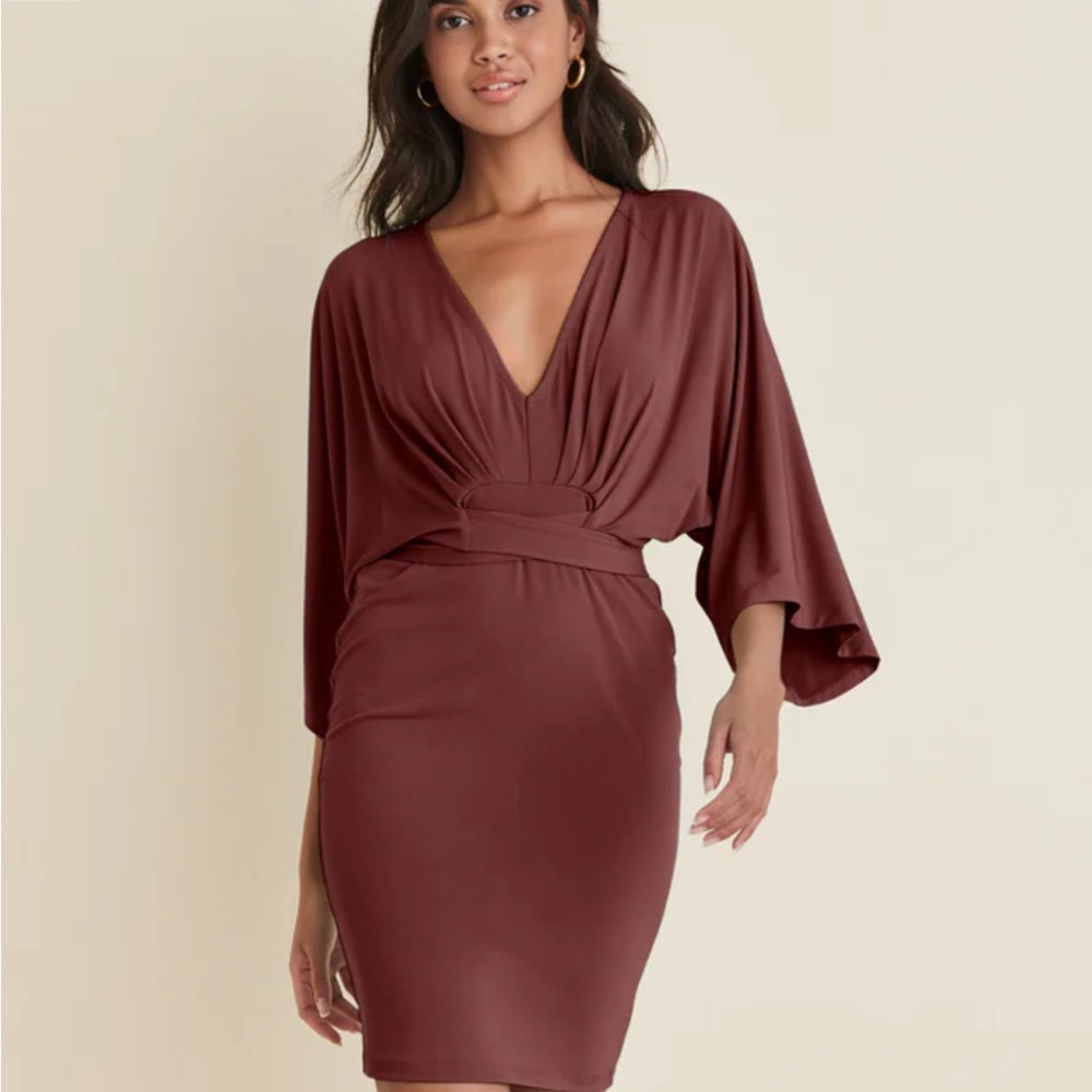 VENUS Stylish V-Neck Tie Front Burgundy Dress